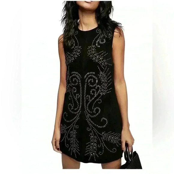 Free People Wynonna Studded Suede Embellished Black Mini Dress Leather S - Picture 1 of 13